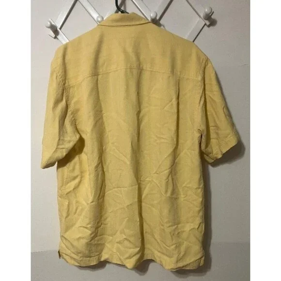 Tommy Bahama Men's Large Yellow Gold 100% Silk Floral Shirt Cursive Neck Label - Picture 7 of 7